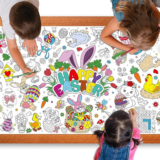 Easter Large Coloring Poster for Kids, Happy Easter Jumbo Coloring Paper Tablecloth, Bunny Eggs Color-in Craft Activities for Kids Easter School Classroom Home Party Supplies Decorations, 30 x 72 Inch