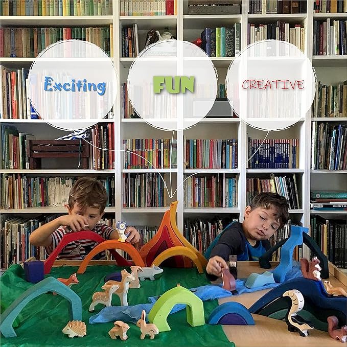 'Four Elements' Rainbow X-Large Rainbow Blocks, Wooden Toys for Kids, Geometric Building Puzzle, Volcano/House Educational Set