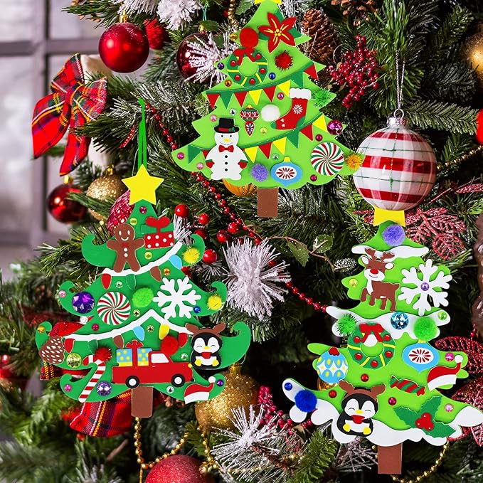 Winlyn 24 Sets Christmas Tree Ornaments Decorations Art Sets DIY Christmas Craft Kits Pine Tree Snowman Snowflake Penguin Foam Stickers Arts and Crafts for Kids Party Favors Home Classroom Activities