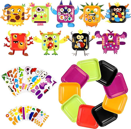 WATINC 9Pcs Monster Paper Plate Art Kits for Kids DIY Craft Sticker Card Preschool Family Games Educational Party Supplies Art Handmade Project Classroom Groups Activity Valentine's Day Decoration