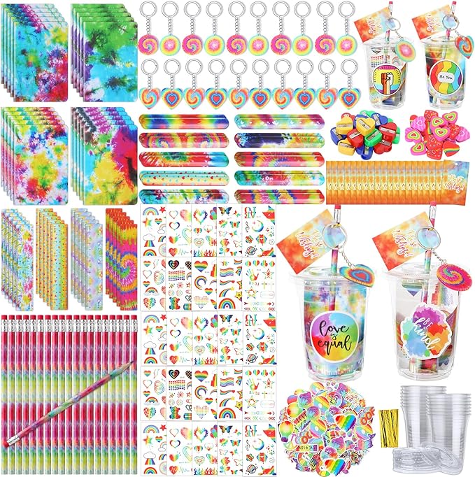 Noveread 251 Pcs Party Favors Set Includes Drink Gift Cup Mini Notebooks Pencils Heart Eraser Pencil Sharpener Slap Bracelets Ruler Tattoo Stickers Cards Keychain School Stationery Set (Tie Dye)