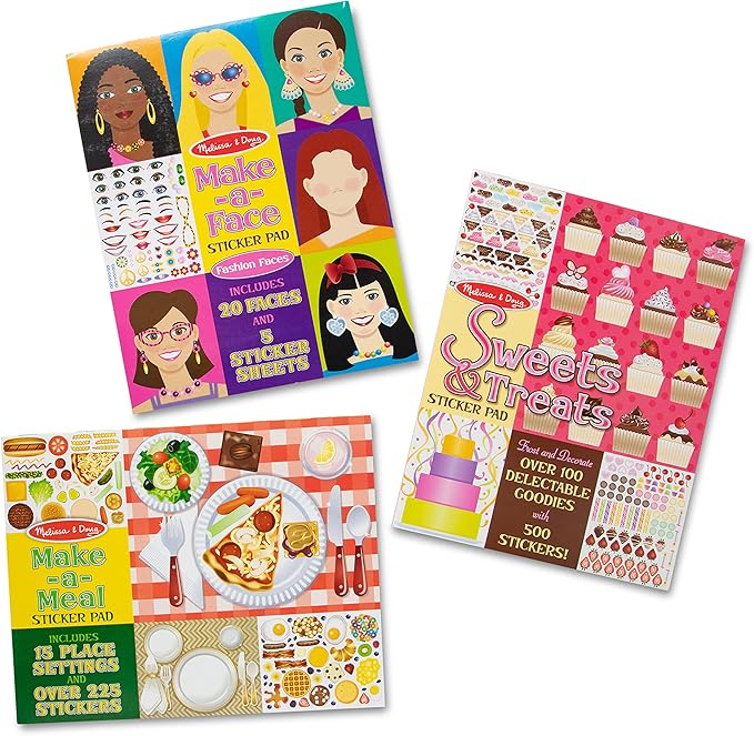 Melissa & Doug Sticker Pads 3-Pack - Sweets and Treats, Make-a-Face Fashion, and Make-a-Meal - FSC Certified