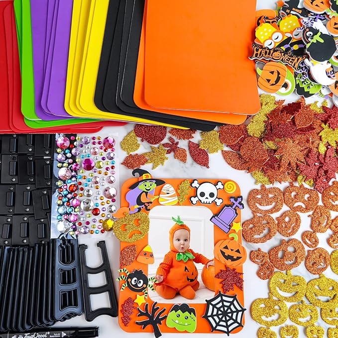 Winlyn 12 Sets Halloween Craft Kits Fall Kids Crafts DIY Halloween Picture Frame Decorations Art Sets Pumpkin Ghost Monster Foam Stickers Arts and Crafts for Kids Halloween Classroom Party Activities