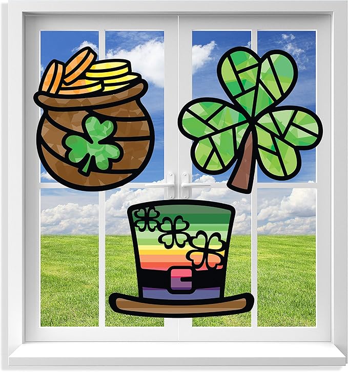 VHALE Suncatchers Craft 3 Sets (9 Cutouts) w Tissue Papers Stained Glass Effect Paper Sun Catcher Kit, Window Art, Classroom Crafts, Creative Art Projects, Kids Party Favors (St. Patrick's Day)