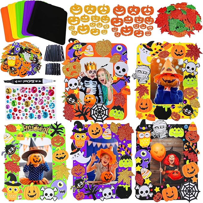 Winlyn 12 Sets Halloween Craft Kits Fall Kids Crafts DIY Halloween Picture Frame Decorations Art Sets Pumpkin Ghost Monster Foam Stickers Arts and Crafts for Kids Halloween Classroom Party Activities