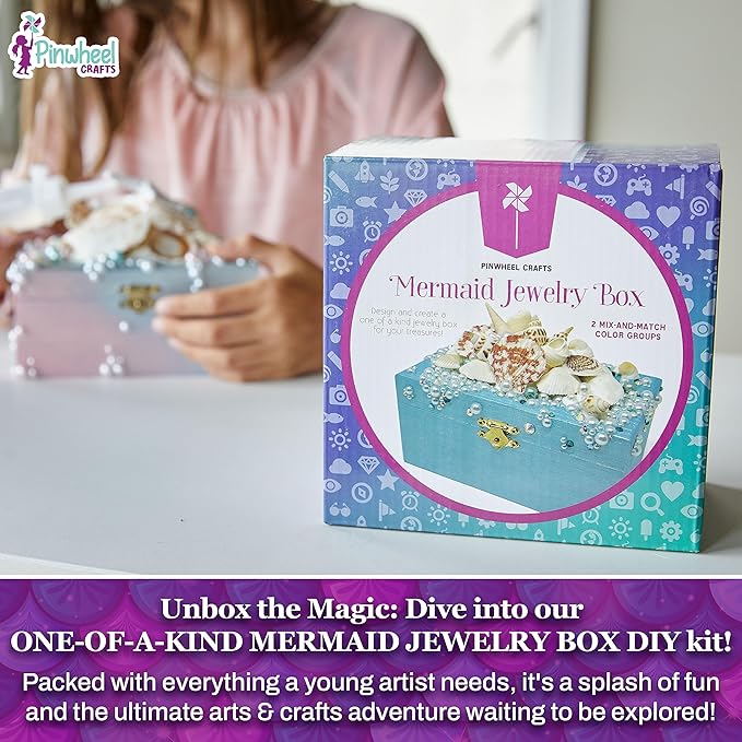 Pinwheel Crafts Mermaid DIY Jewelry Box Kit for Girls Ages 4+ - 530Pc Make Your Own Jewelry Box, Girls DIY Craft Kits - Mermaid Craft Gifts for Girls - Painting Arts and Crafts for Girls 4-6 7 8 Years