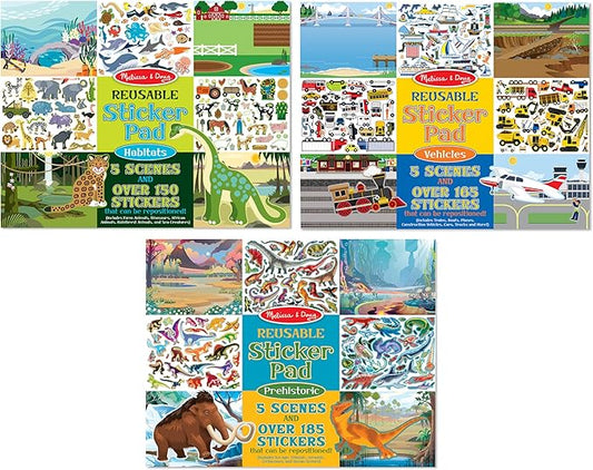 Melissa & Doug Reusable Sticker Pads Set: Prehistoric, Habitats, and Vehicles