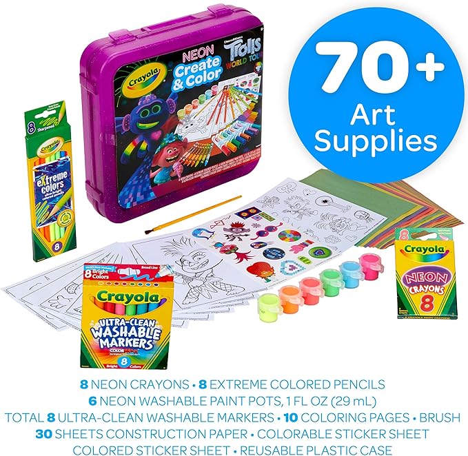 Crayola Trolls World Tour, Neon Create & Color Art Set, Over 70 Art Supplies, Gift for Kids, 5, 6, 7, 8