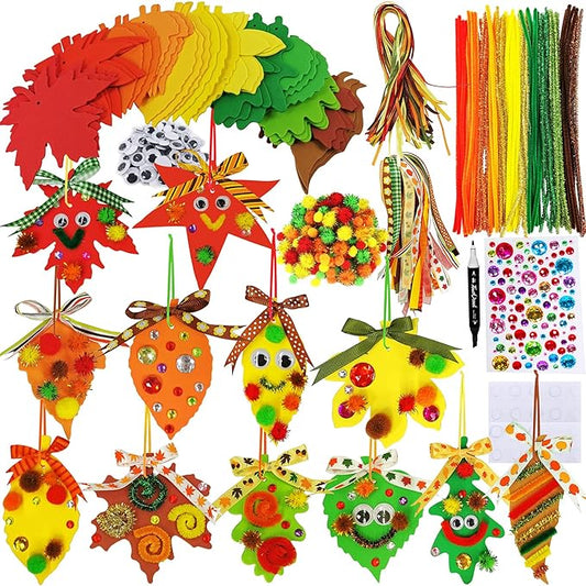 Winlyn 48 Sets Fall Craft Kits Fall Leaves Ornaments Decorations Art Sets Pom-Poms Googly Eyes Autumn Leaf Foam Stickers Arts and Crafts for Kids Thanksgiving Halloween Classroom Party Activities