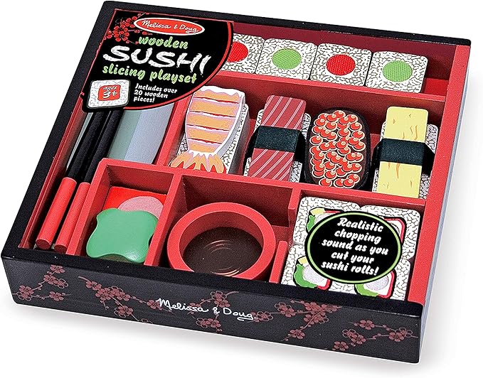 Melissa & Doug Sushi Slicing Wooden Play Food Set Pretend Play Kitchen Toys, Pretend Wooden Sushi FoodFor Kids Ages 3+