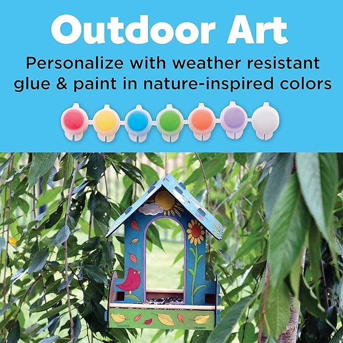 Creativity for Kids Build and Paint Bird Feeder Wood Craft Kit - DIY Bird House Kit for Children, Outdoor Activities for Kids Age 6+,Yellow,orange,blue,white,green,violet