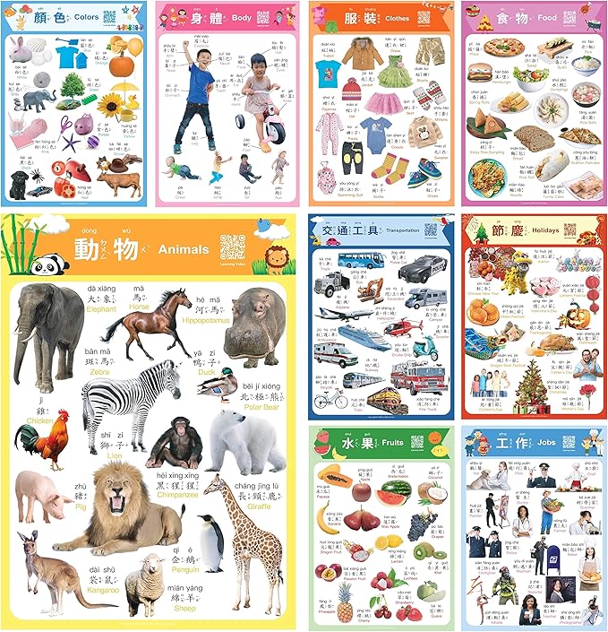 N/A/ Chinese Learning 10-Poster Set for Kids. Montessori-Inspired. Bilingual with Traditional Chinese, English, and Zhuyin.
