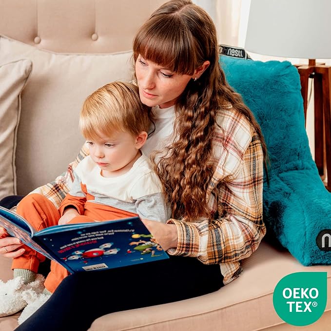 Nestl Fur Reading Pillow, Stylish Back Pillow for Bed Sitting Up, Faux Fur Bed Chair Pillow with Arms, Reading Pillows for Sitting in Bed Adult & Kids, Sit Up Back Support Pillow for Bed Rest - Teal