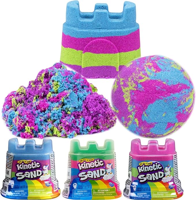 Kinetic Sand Rainbow Modeling Sand 5oz. Unicorn Castle Containers Gift Set Party Bundle with Bonus Matty's Toy Stop Storage Bag - 3 Pack