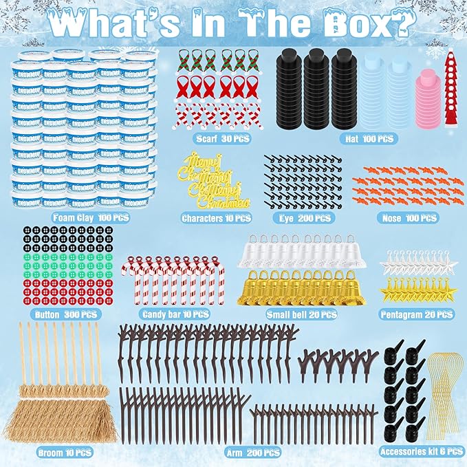 EOBOH 100pcs Snowman Craft, Build a Snowman Kit Indoor Decorations, Snowman Kit DIY Christmas Ornaments, Creative Air Dry Modeling Clay Bulk, Xmas School Family Party Activities Snowman Making Set