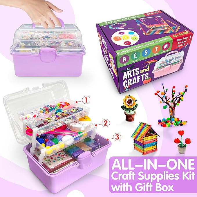 LINAYE 2500+PCS Arts and Crafts Supplies for Kids, DIY Craft Supplies Kit Box for Ages 6-8, Arts and Crafts Kit for Kids, Crafting Supply Set for Girls Boys Birthday Christmas Gifts, Purple