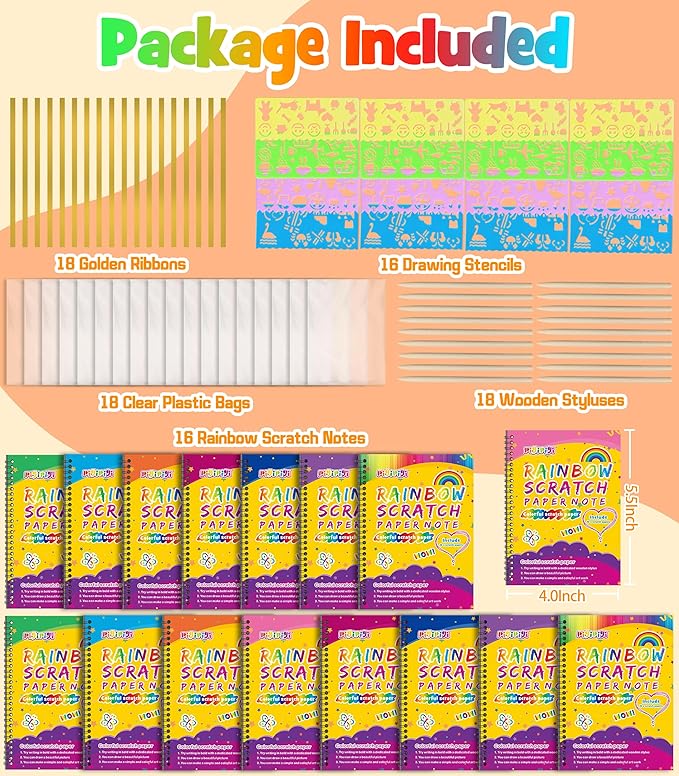 pigipigi Scratch Paper Art 16 Pack - Rainbow Scratch Note Book Magic Coloring Art Craft Paper Supply for Kids Ages 3 4 5 6 7 8 9 10 Drawing Art Book Birthday Party Favor Sets Fun Toy Gift Idea