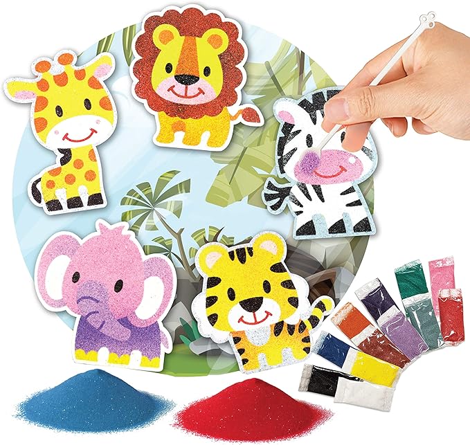 VHALE Peel and Stick Magnetic Sand Art Board, 5 MDF Sand Art Sets with Non Scratch Magnets, Peel, Sprinkle and Stick Designs, 12 Sand Colors, Fridge Decor, Kids Party Favors (Animal)