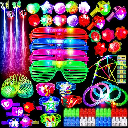 Max Fun 88Pcs LED Light Up Toy Party Favors Glow In The Dark Party Supplies Bulk, Glow Sticks Halloween Party Favors Pinata Stuffers for Adult Kids 4-8 8-12 with 40 Finger Lights, 5 LED Glasses, 5