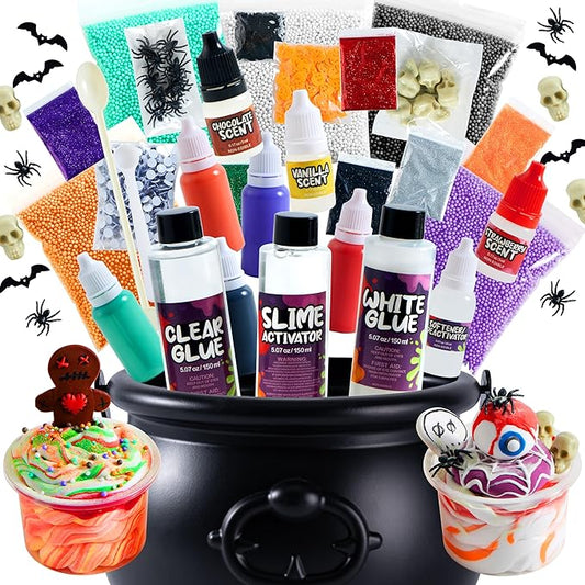 JOYIN Halloween Slime Kit for Kids, Halloween Party Favor, Art Activities Party Supplies, DIY Slime Craft Kit with Cauldron Kettle, Spooky Bats, Eyeballs, Pumpkins, Skeletons, Spiders, Party Game Gift