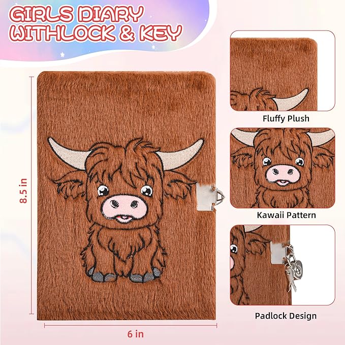 LiYiQ Plush Highland Cow Diary Gift for Girls Kids Travel Journal Secret Diary with Scrapbook Paper Stickers Journal Stencils Pompom Pen and Washi Tape Practical Set Gift for Birthday Christma