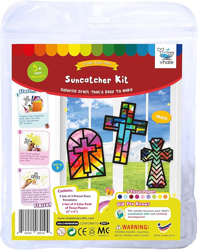 VHALE Suncatchers Craft 3 Sets (9 Cutouts) w Tissue Papers Stained Glass Effect Paper Sun Catcher Kit, Window Art, Classroom Crafts, Creative Art Projects, Kids Party Favors (Cross)