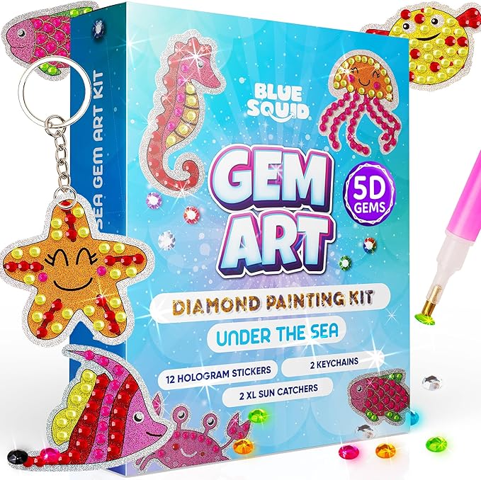 Blue Squid Diamond Art Kits for Kids – Fun & Easy DIY 5D Gem Art Gift Set for Keychains, Stickers, Sun Catchers - Diamond Painting Arts & Crafts Kit for Kids, Girls, Boys Ages 6 7 8 9 10 11 12
