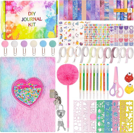 LiYiQ Plush Love Diary Gift for Girls Kids Travel Journal Secret Diary with Scrapbook Paper Stickers Journal Stencils Pompom Pen and Washi Tape Practical Set Gift for Birthday Christma