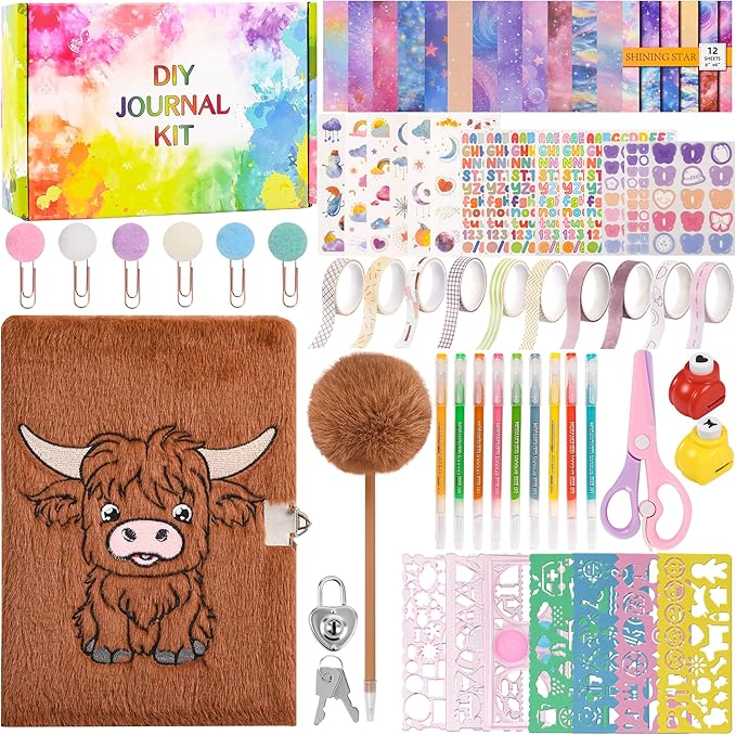 LiYiQ Plush Highland Cow Diary Gift for Girls Kids Travel Journal Secret Diary with Scrapbook Paper Stickers Journal Stencils Pompom Pen and Washi Tape Practical Set Gift for Birthday Christma