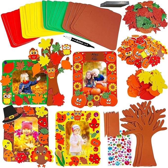 Winlyn 12 Sets Fall Craft Kits Fall Thanksgiving Picture Frame Decorations Art Sets Tree of Thanks Turkey Owl Smile Face Pumpkin Autumn Leaf Foam Stickers Arts and Crafts for Kids Party Activities