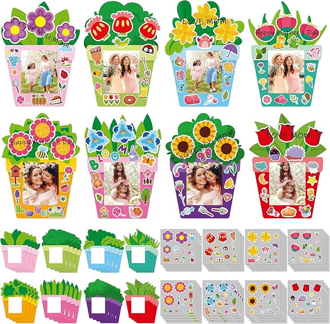 WATINC 96Pcs DIY Mother's Day Craft Kits for Kids, Make Your Own Spring Picture Frames with Stickers Flowers Paper, Spring Seasonal Gifts Craft Decor, Classroom Activities Supplies for Boys and Girls