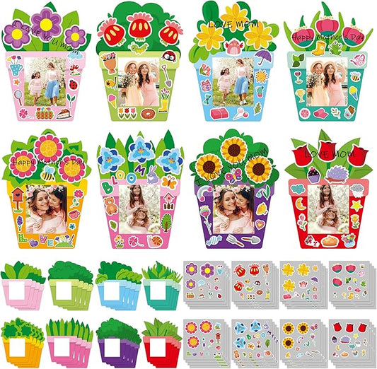 WATINC 96Pcs DIY Mother's Day Craft Kits for Kids, Make Your Own Spring Picture Frames with Stickers Flowers Paper, Spring Seasonal Gifts Craft Decor, Classroom Activities Supplies for Boys and Girls