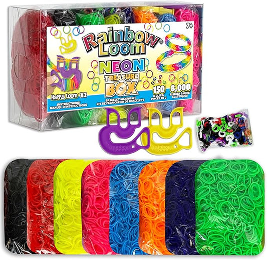 Rainbow Loom® Treasure Box NEON Edition, 8,000 Rubber Bands in 8 Different Neon Colors, and a Bonus of 2 Happy Looms, Great Activities for Boys and Girls 7+