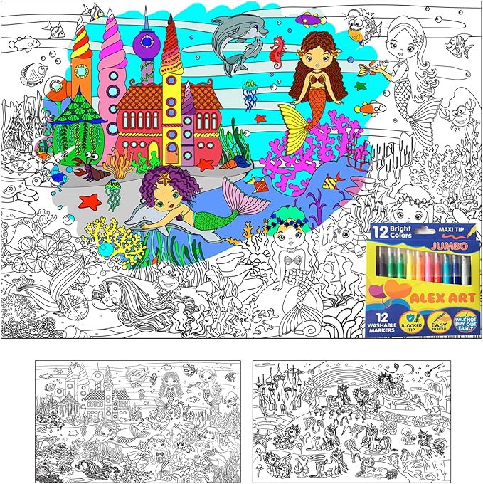 Set of 2 Giant Coloring Posters for Kids with Markers - Unicorn & Mermaid Coloring Poster - Wall Poster Coloring Sheet - Extra Large Coloring Pages for Girls - Jumbo Coloring Huge Big Poster Size