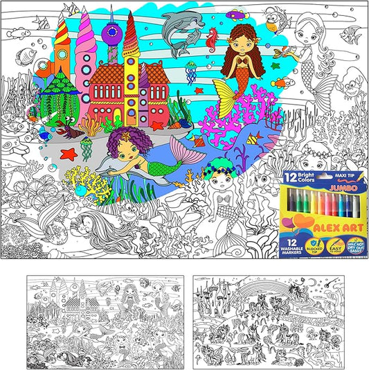 Set of 2 Giant Coloring Posters for Kids with Markers - Unicorn & Mermaid Coloring Poster - Wall Poster Coloring Sheet - Extra Large Coloring Pages for Girls - Jumbo Coloring Huge Big Poster Size