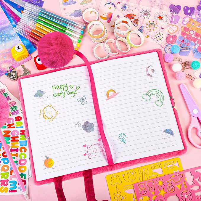 LiYiQ Plush Flamingo Diary Gift for Girls Kids Travel Journal Secret Diary with Scrapbook Paper Stickers Journal Stencils Pompom Pen and Washi Tape Practical Set Gift for Birthday Christma