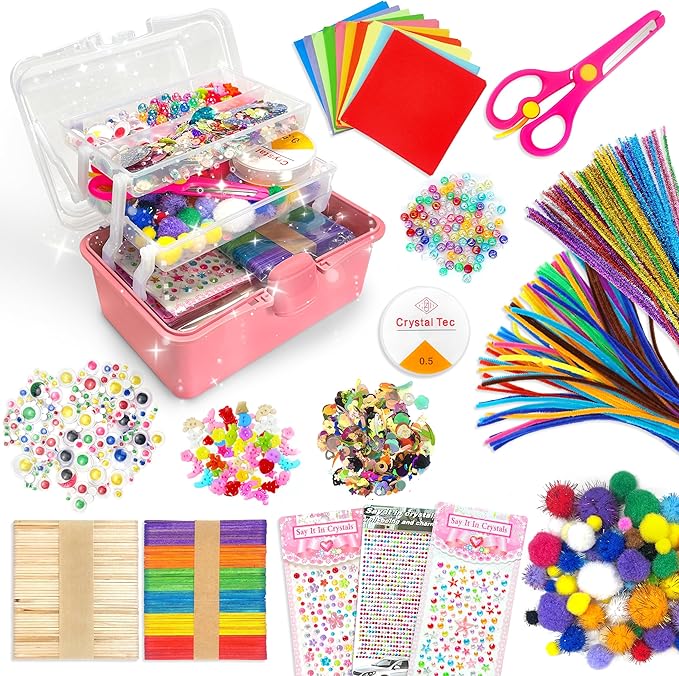 LINAYE 2500+PCS Arts and Crafts Supplies for Kids, DIY Craft Supplies Kit Box for Ages 6-8, Arts and Crafts Kit for Kids, Crafting Supply Set for Girls Boys Birthday Christmas Gifts, Deep Pink