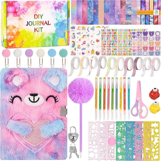 LiYiQ Plush Bear Diary Gift for Girls Kids Travel Journal Secret Diary with Scrapbook Paper Stickers Journal Stencils Pompom Pen and Washi Tape Practical Set Gift for Birthday Christma