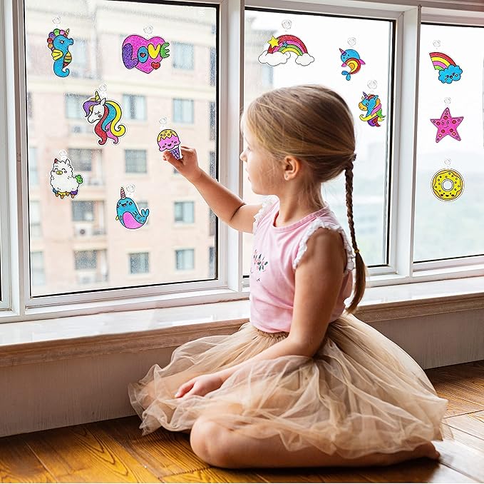 TOYLI Window Glitter Painting Kids Arts and Crafts Creative Set, 26 Suncatchers Kit,Gifts for Boys,Girls Ages 5,6,7,8,9,10 DIY, Great Home Birthday Party Idea, Your Own Fun Painting Activity NON Toxic