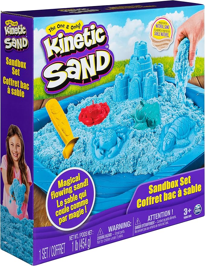 Kinetic Sand, Sandbox Set Kids Toy with 1lb All-Natural Blue and 3 Molds, Sensory Toys for Kids Ages 3 and Up