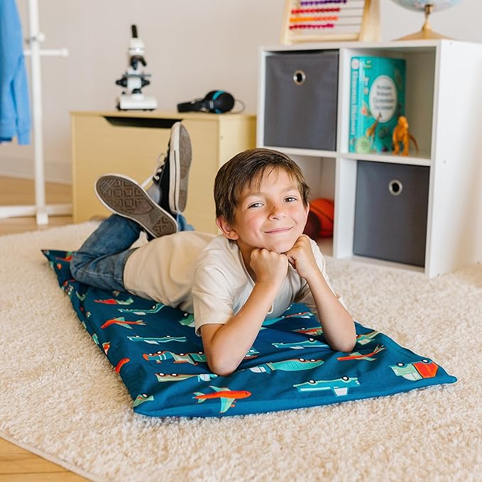 Wildkin Kids Nap Mat Cover for Boys & Girls, Sewn-in Flap Design Rest Mat Cover, Perfect for Preschool and Daycare, Fits Our Vinyl Nap Mat up to 1.5 Inches Including Basic Sleep Mat (Transportation)