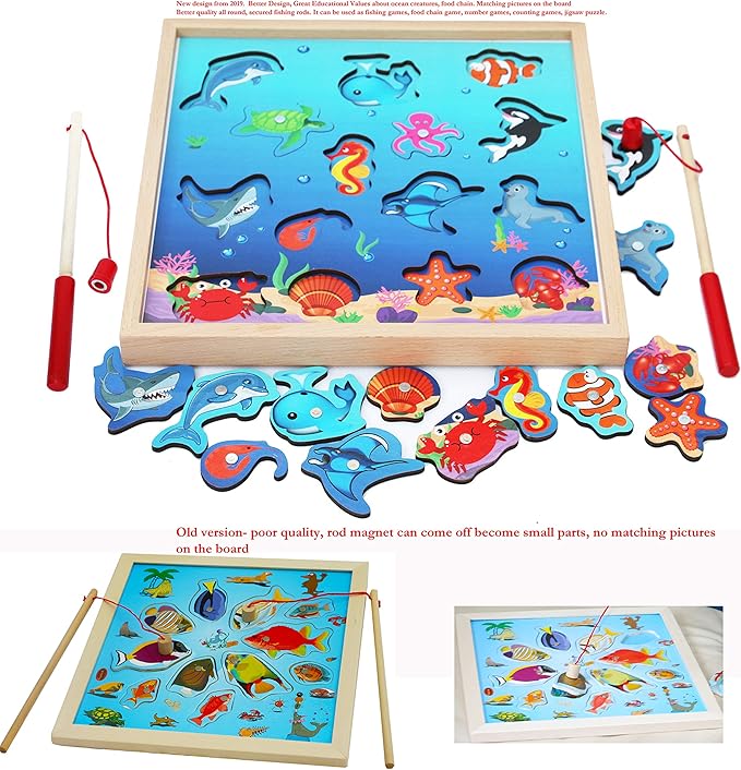 TOWO Wooden Fishing Game-Magnetic Fishing Puzzles with Numbers Jigsaw Puzzle- Sea Creatures Kids Fishing Game Educational Toys for 3 Years Old Math Toy Montessori Materials