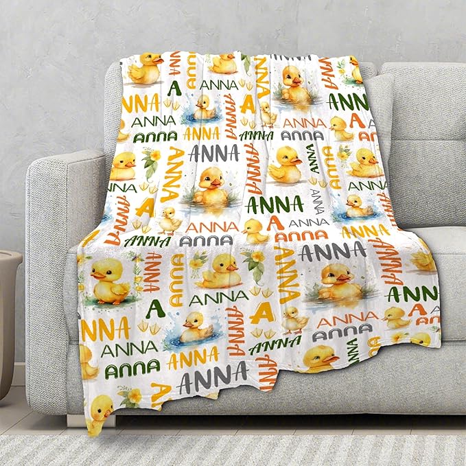 Custom Name Duck Blanket for Girls Adult duck Blanket Kids Funny Blanket Suitable for bedroom bed sofa Crib Couch Chair outdoor All Season Items That Yellow Duck Lovers Will Love80"x60"for Adult
