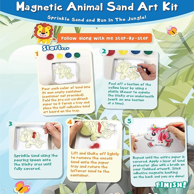 VHALE Peel and Stick Magnetic Sand Art Board, 5 MDF Sand Art Sets with Non Scratch Magnets, Peel, Sprinkle and Stick Designs, 12 Sand Colors, Fridge Decor, Kids Party Favors (Animal)