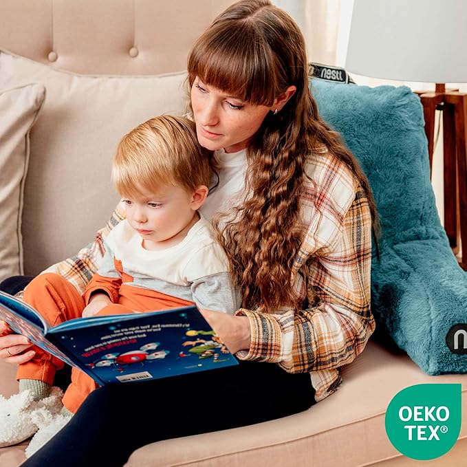 Nestl Fur Reading Pillow, Stylish Back Pillow for Bed Sitting Up, Faux Fur Bed Chair Pillow with Arms, Reading Pillows for Sitting in Bed Adult & Kids, Back Support Pillow for Bed Rest - Stone Blue