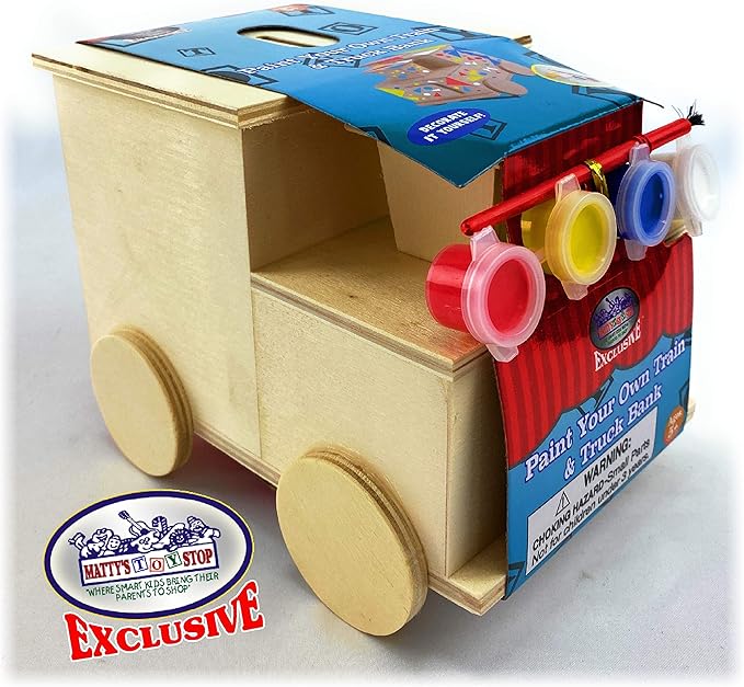 Mɑtty's Toy Stop Design & Paint Your Own Wooden Train & Truck Banks (Each Includes 4 Paints & 1 Brush) Gift Set Bundle - 2 Pack