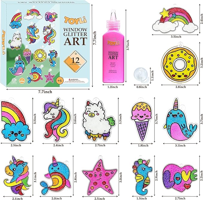TOYLI Window Glitter Painting Kids Arts and Crafts Creative Set, 26 Suncatchers Kit,Gifts for Boys,Girls Ages 5,6,7,8,9,10 DIY, Great Home Birthday Party Idea, Your Own Fun Painting Activity NON Toxic