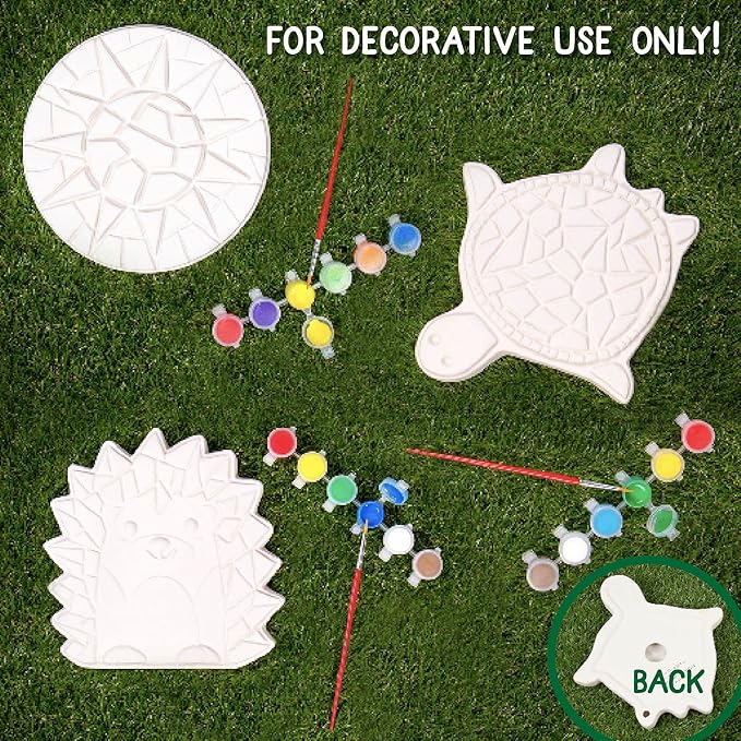 Creative Roots Mosaic Turtle, Hedgehog, & Sun Stepping Stone, Includes 3-Pack 7-Inch Ceramic Stepping Stone & 6 Vibrant Paints, Paint Your Own & DIY Stepping Stone for Kids Ages 8+