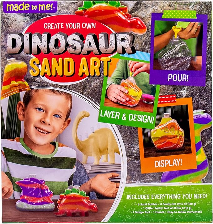 Made By Me Create Your Own Dinosaur Sand Art by Horizon Group USA, Includes 6 Dino-Themed Bottles with Caps, 8 Sand Colors, Glitter, Funnel & More, Multi