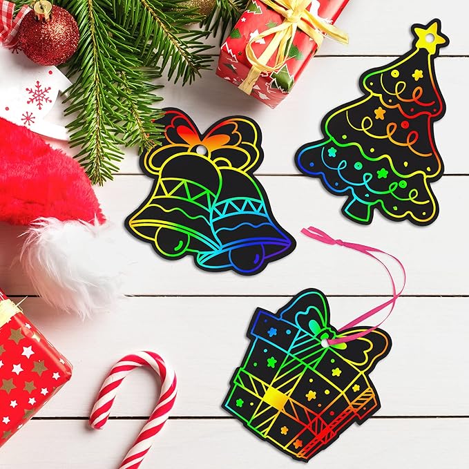 Mocoosy 48 Christmas Scratch Art Ornaments, Christmas Crafts Kits for Kids Rainbow Magic Scratch Paper Cards Xmas Hanging Ornaments Decorations DIY Winter Holiday Party Favors Set